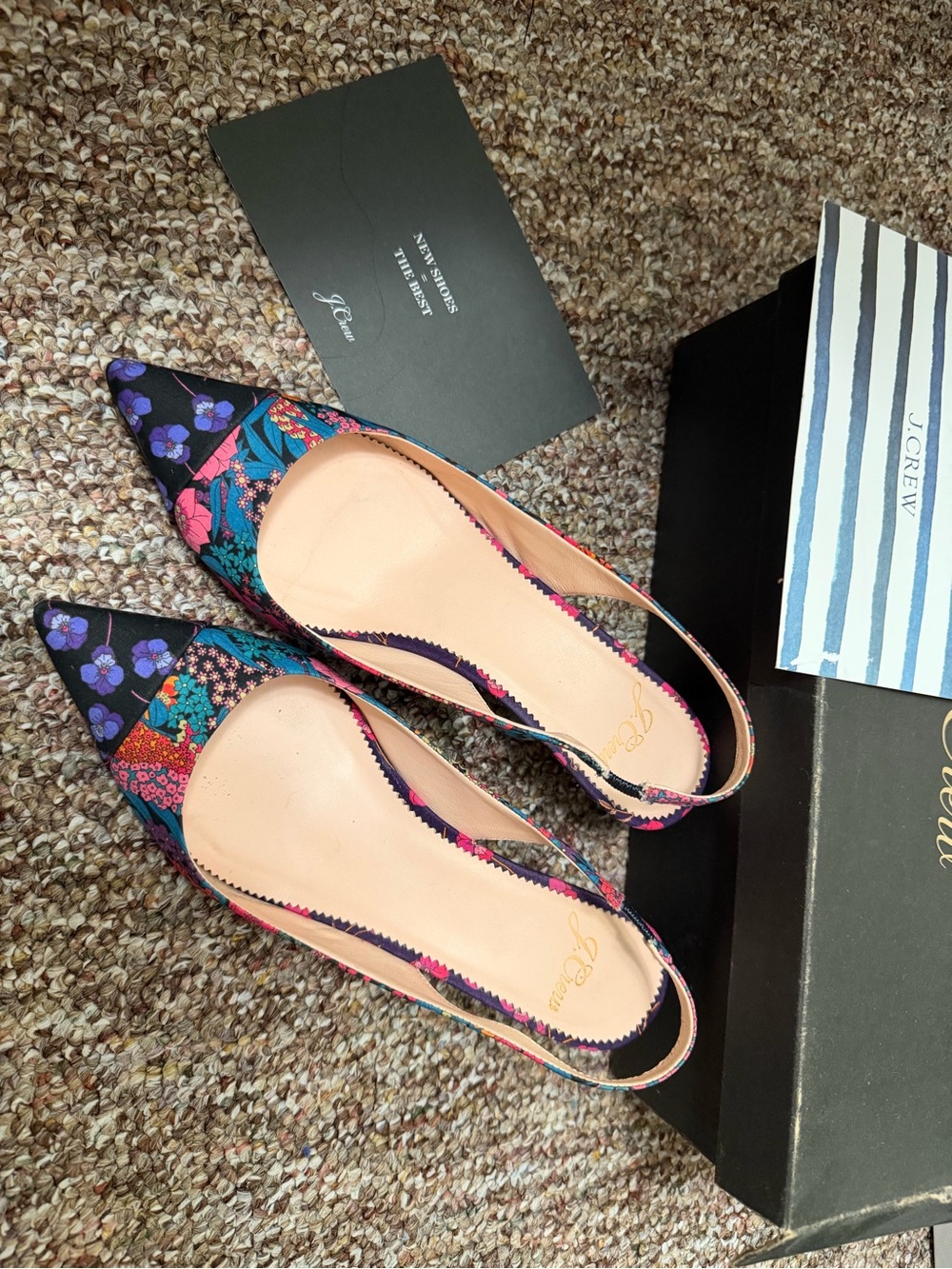 J. Crew Floral Patchwork Pointed Slingback Flats in Black, Pink, Teal